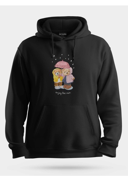 Şemsiyeli Sevgili Sevimli Ayıcıklar Siyah Baskılı Unisex Kapüşonlu Sweatshirt