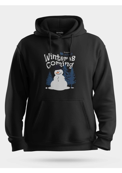 Winter Is Coming Kardan Adam Yılbaşı Siyah Baskılı Unisex Kapüşonlu Sweatshirt