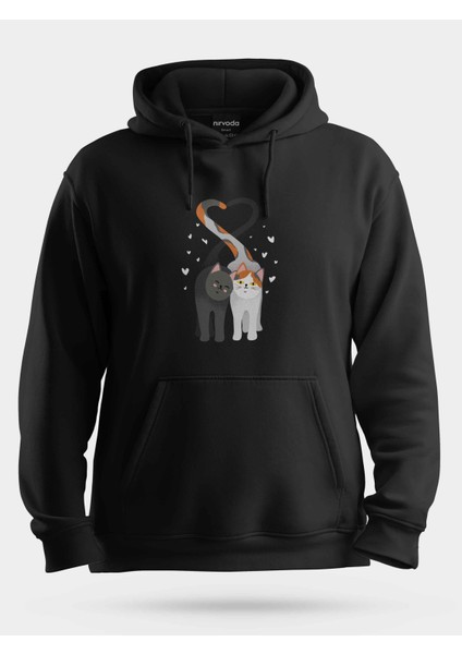 Sevgili Kediler Siyah Baskılı Unisex Kapüşonlu Sweatshirt