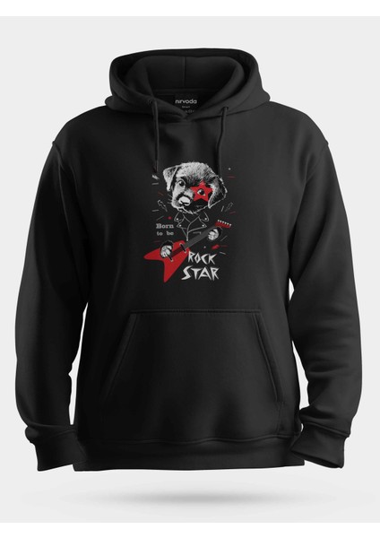Rock Star Sevimli Köpek Siyah Baskılı Unisex Kapüşonlu Sweatshirt
