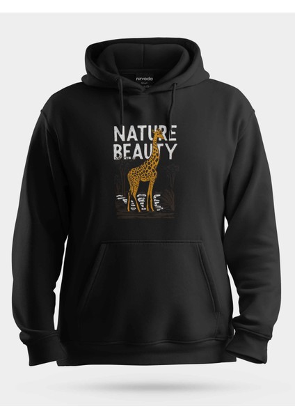 Nature Beauty Zürafa Siyah Baskılı Unisex Kapüşonlu Sweatshirt