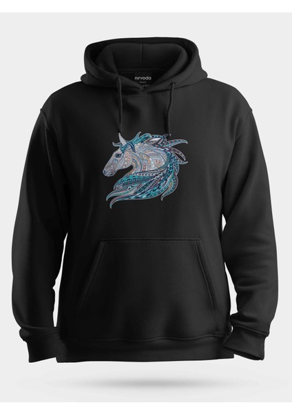 Motifli At Baskılı Unisex Kapüşonlu Sweatshirt