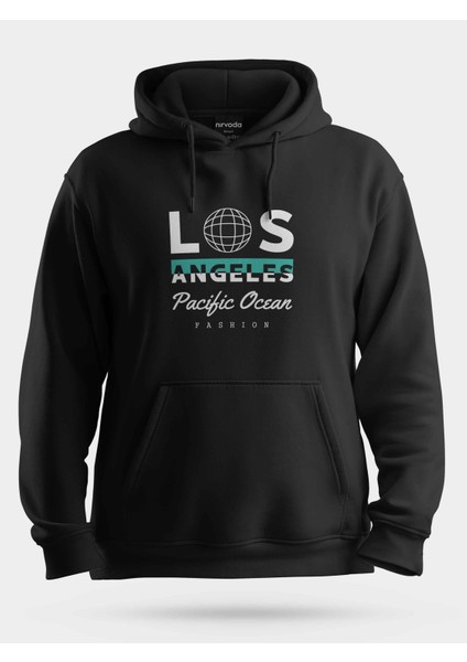 Los Angeles Fashion Pasifik Siyah Baskılı Unisex Kapüşonlu Sweatshirt