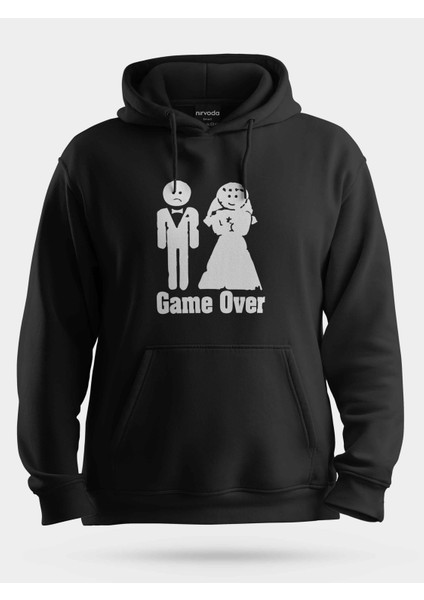 Game Over Evlilik Siyah Baskılı Unisex Kapüşonlu Sweatshirt