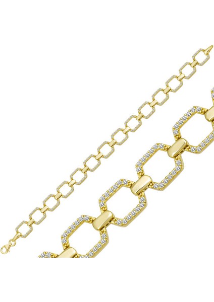 Gümüş Gold Kare Taşlı Kadın Bileklik