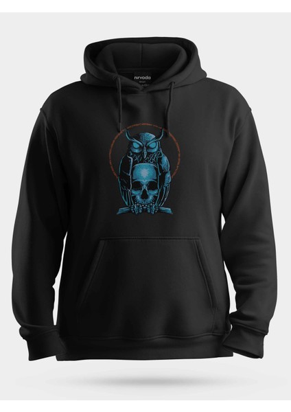 Baykuş ve Kurukafa Baskılı Unisex Kapüşonlu Sweatshirt