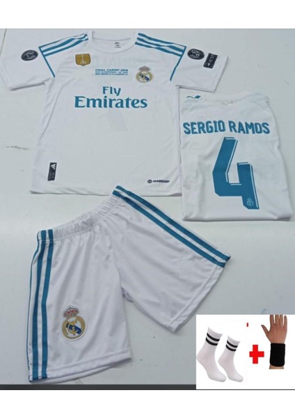2017-18 Sezon Sergio Ramos Real Madrid Beyaz Çocuk Forması Bileklik ve Çorap Hediye
