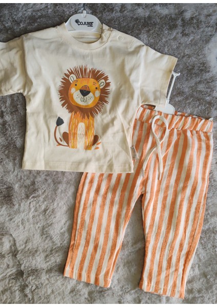 Aslan Desenli Çizgili Pantolonlu 6-9/9-12/12-18/18-24 Ay Erkek Bebek Takım
