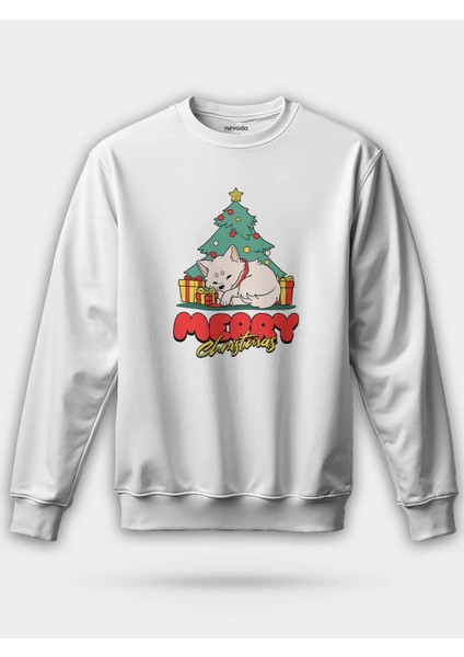 Yılbaşı Ağacı ve Köpek Baskılı Unisex Regular Sweatshirt