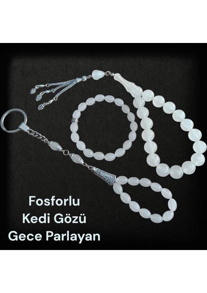Kedi Gözü Efe Boy Tesbih - Kedi Gözü Bileklik - Kedi Gözü Anahtarlık (Gece Parlayan Taş)