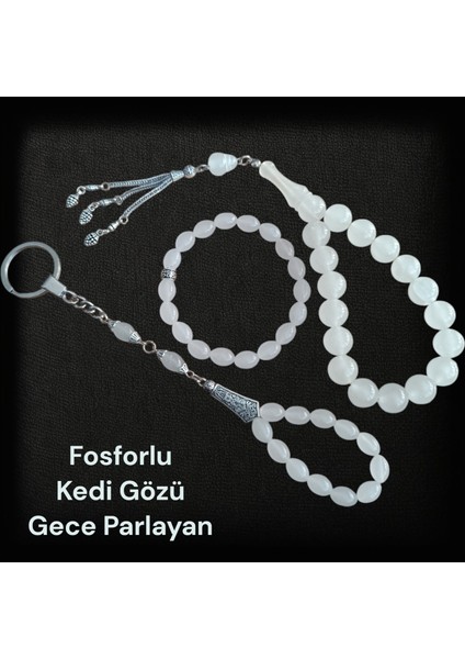 Kedi Gözü Efe Boy Tesbih - Kedi Gözü Bileklik - Kedi Gözü Anahtarlık (Gece Parlayan Taş)