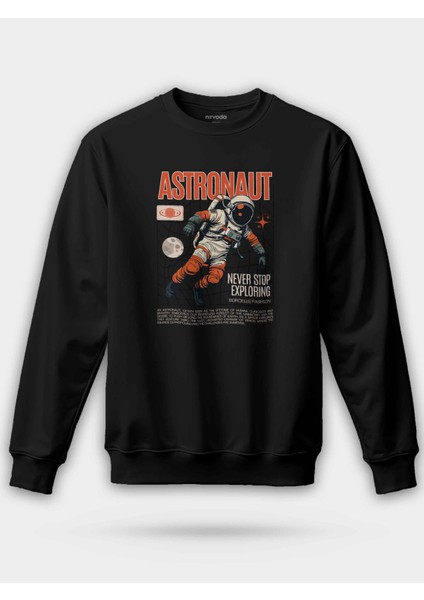 Astronot ve Uzay Siyah Baskılı Unisex Regular Sweatshirt
