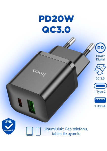 N28 Founder Tek Type-C 20W ve Tek Usb-A 18W Portlu Şarj Adaptörü