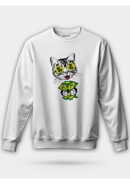 Zengin Sevimli Kedi Baskılı Unisex Regular Sweatshirt