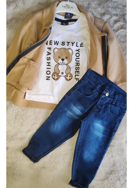 Hırkalı Ayıcık Baskılı Tshirt ve Kot Pantolon Erkek Bebek 9/12/18/24 Ay Takım