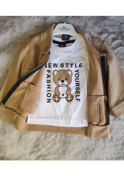 Hırkalı Ayıcık Baskılı Tshirt ve Kot Pantolon Erkek Bebek 9/12/18/24 Ay Takım indirimleri