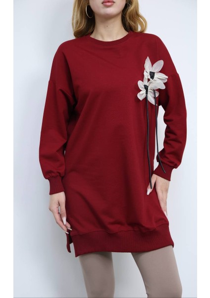 Kadın Bisiklet Yaka Çiçek Detaylı Iki Iplik Oversize Tunik