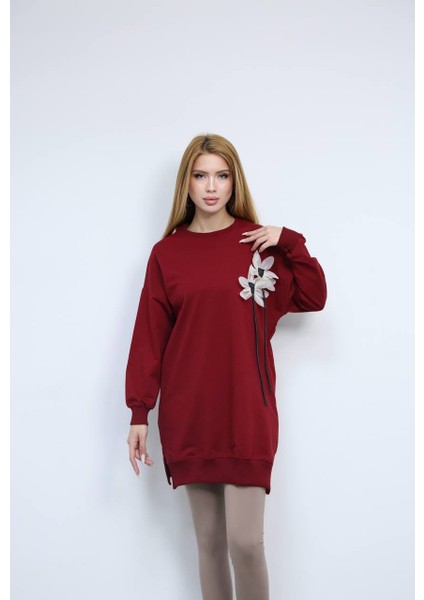 Kadın Bisiklet Yaka Çiçek Detaylı Iki Iplik Oversize Tunik