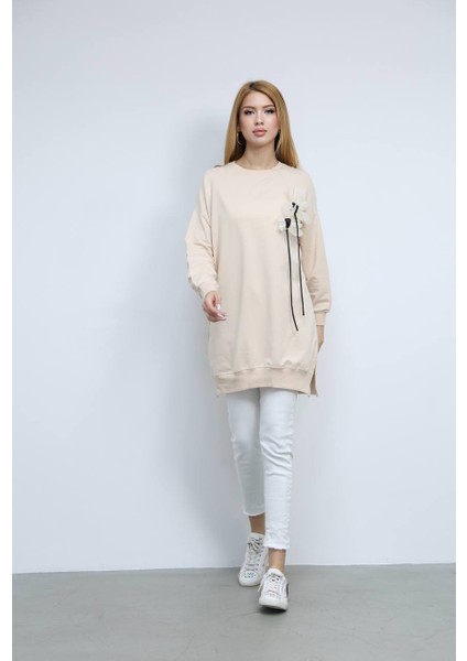 Kadın Bisiklet Yaka Çiçek Detaylı Iki Iplik Oversize Tunik