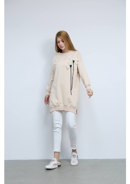 Kadın Bisiklet Yaka Çiçek Detaylı Iki Iplik Oversize Tunik fiyatları