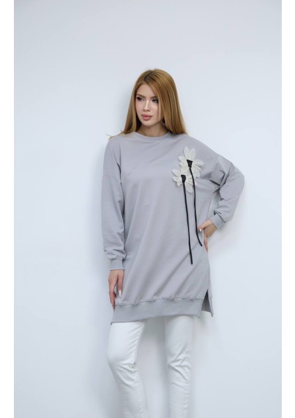 Kadın Bisiklet Yaka Çiçek Detaylı Iki Iplik Oversize Tunik