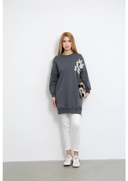 Kadın Bisiklet Yaka Çiçek Detaylı Iki Iplik Oversize Tunik