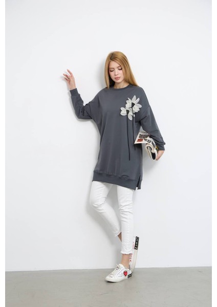 Kadın Bisiklet Yaka Çiçek Detaylı Iki Iplik Oversize Tunik fiyatları