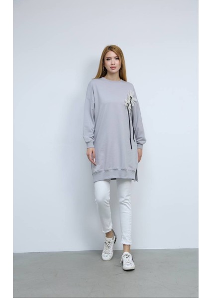 Kadın Bisiklet Yaka Çiçek Detaylı Iki Iplik Oversize Tunik fiyatları