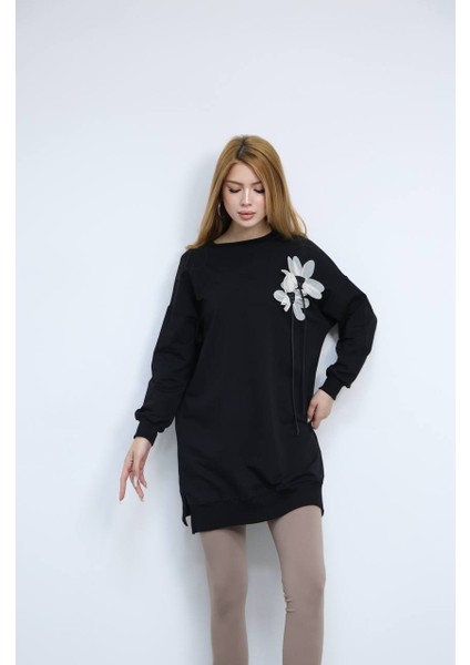 Kadın Bisiklet Yaka Çiçek Detaylı Iki Iplik Oversize Tunik
