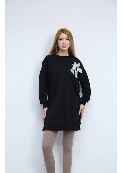 Kadın Bisiklet Yaka Çiçek Detaylı Iki Iplik Oversize Tunik fiyatları