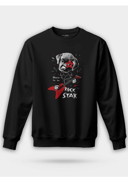 Rock Star Sevimli Köpek Siyah Baskılı Unisex Regular Sweatshirt