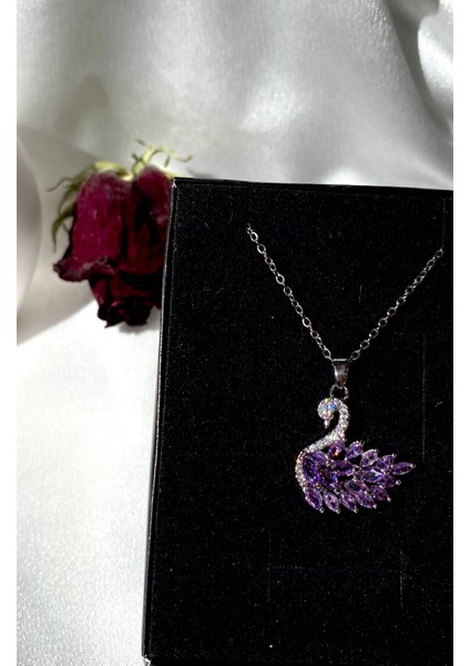 Kuğu Model Mor Zirkon Taşlı 316L Çelik Kolye Silver