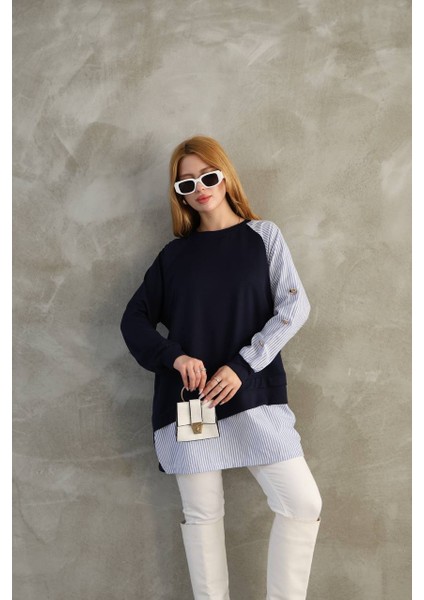 Kadın Kolu Düğme Detaylı Garnili Iki Iplik Oversize Sweat Tunik