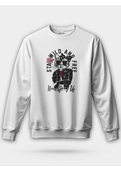 Ceketli Tarz Kedi Baskılı Unisex Regular Sweatshirt