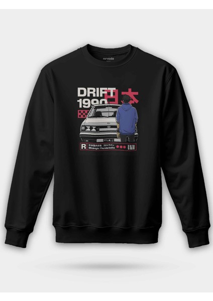 Drift 1990 Araba Siyah Baskılı Unisex Regular Sweatshirt