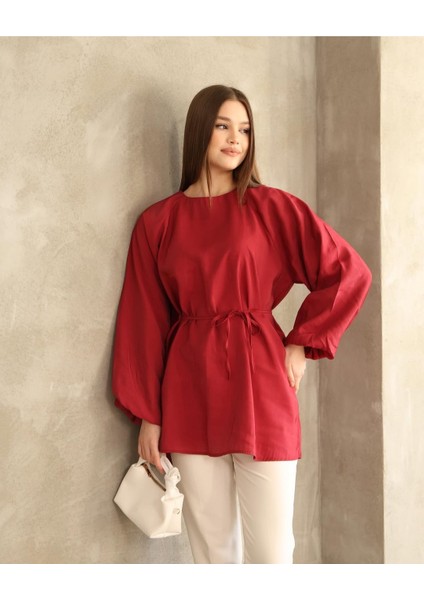 Kadın Kolları Balon Detaylı Kemerli Modal Kumaş Tunik