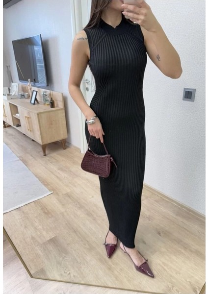 Fitilli Triko Elbise Maxi Uzun Boy