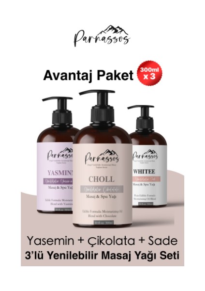 Çikolata Aroma + Yasemin Özü + White Kaşmir Etkili Aromaterapi Masaj Yağı Seti 400 ml