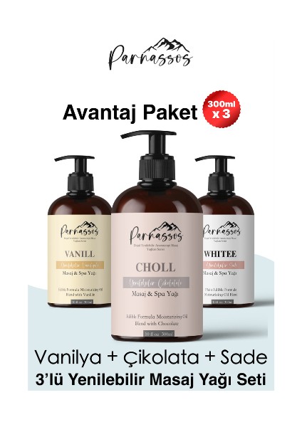 Çikolata Aromalı + Vanilyalı + White Aromaterapi Masaj Yağı Seti 400 ml