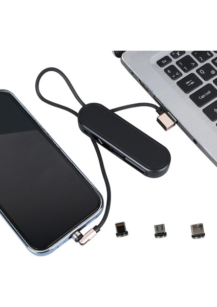 Siyah 3in1 (Type C- Lightning- Micro Usb) Manyetik Uç Taşınabilir Şarj Kablosu (4887)
