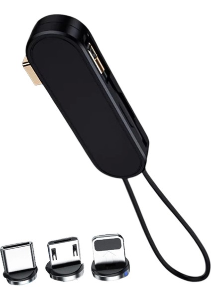 Siyah 3in1 (Type C- Lightning- Micro Usb) Manyetik Uç Taşınabilir Şarj Kablosu (4887)
