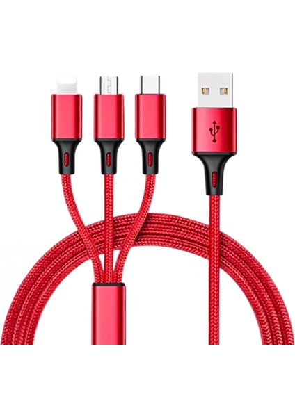 3ın1 Kırmızı 1.2 Metre (Mıcro USB - Lıghtnıng - Type C) Telefon Şarj Kablosu (4887)