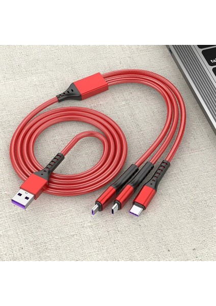 3ın1 Kırmızı 1.2 Metre (Mıcro USB - Lıghtnıng - Type C) Telefon Şarj Kablosu (4887)