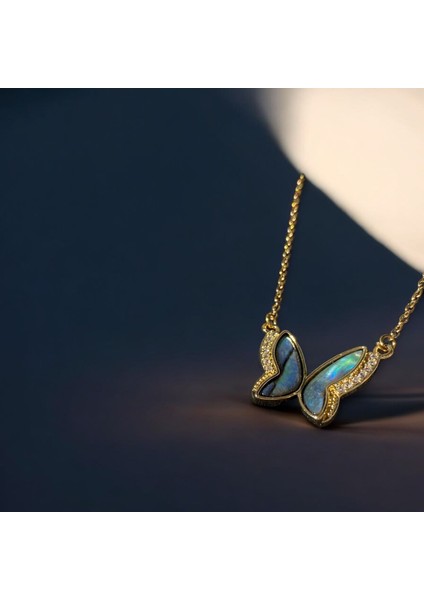 Kelebekli Zirkon Taşlı Mineli 316L Çelik Kolye Gold