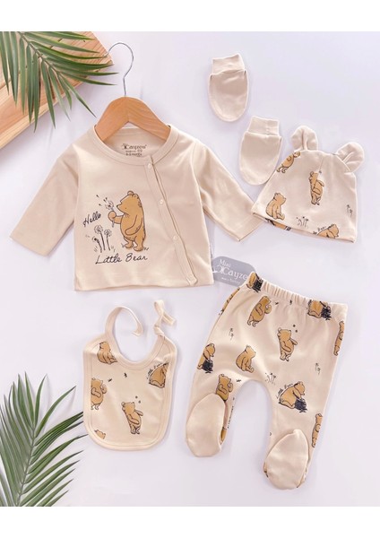 Hello Little Bear Baskılı 5 Parça %100 Pamuk Erkek Bebek Hastane Çıkışı