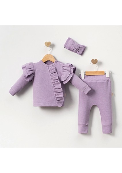 Orkide Büzgü Detaylı 3 Parça Kız Bebek Takımı Pamuk