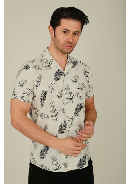 Erkek Hawaii Desenli Apaş Yaka Keten Gömlek