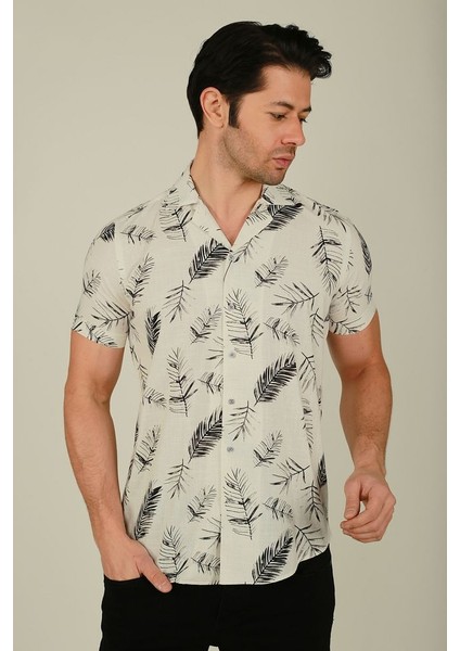 Erkek Hawaii Desenli Apaş Yaka Keten Gömlek modelleri