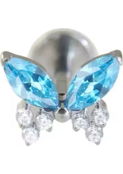 By Dilek Çetin Acessorry Çelik Aqua Mavi Kelebek Figürlü Kıkırdak Helix Tragus Piercing (1ADET)