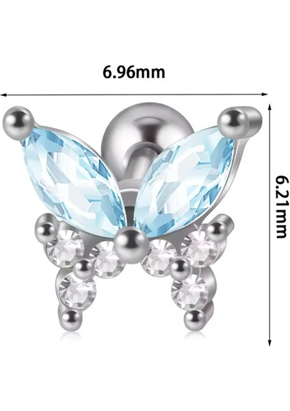 By Dilek Çetin Acessorry Çelik Aqua Mavi Kelebek Figürlü Kıkırdak Helix Tragus Piercing (1ADET)